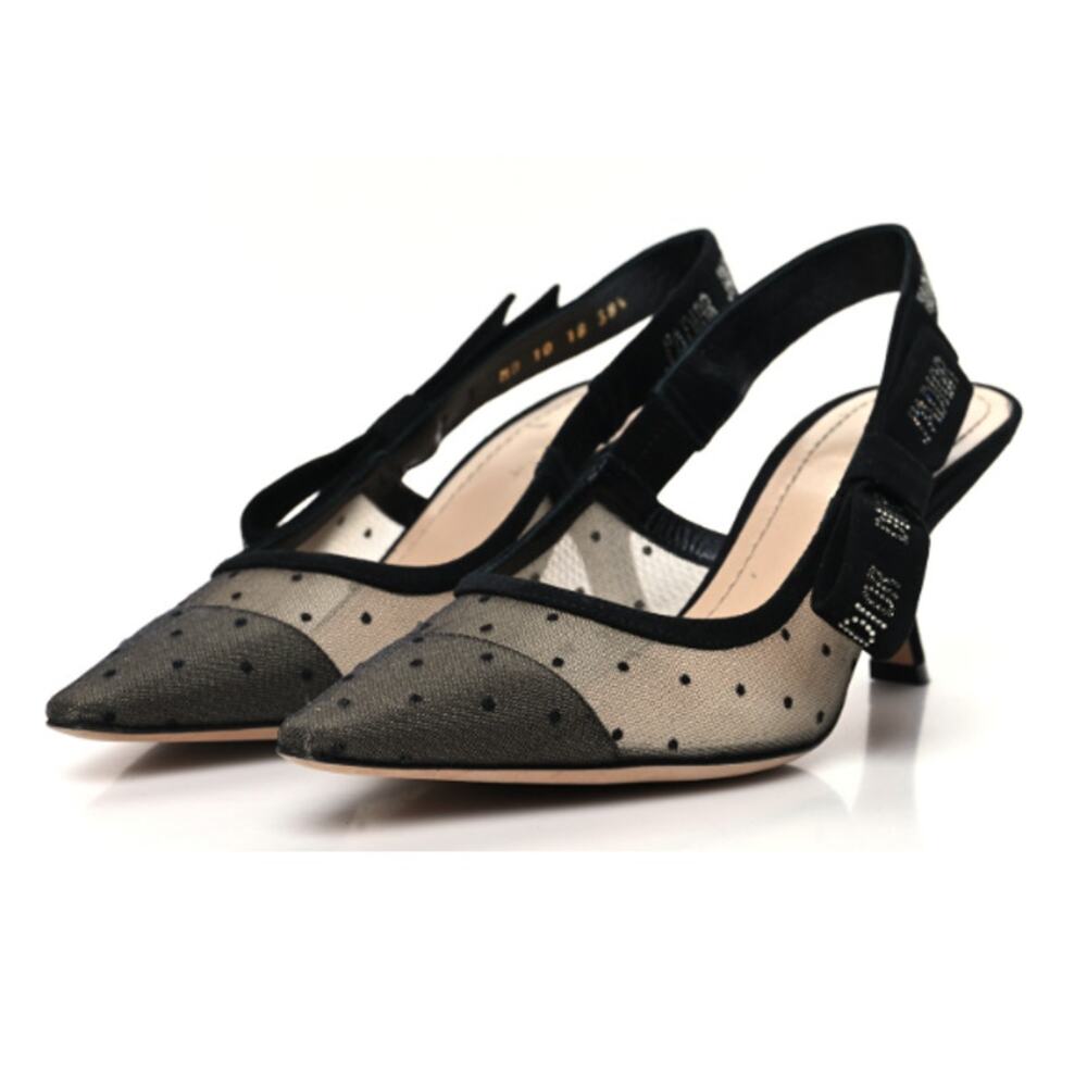 Dior Black Mesh Polka Dot Slingback Heels